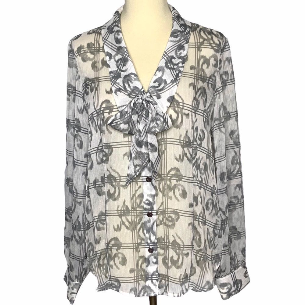 Pendleton Bow Button Front Semi Sheer Gray White … - image 3